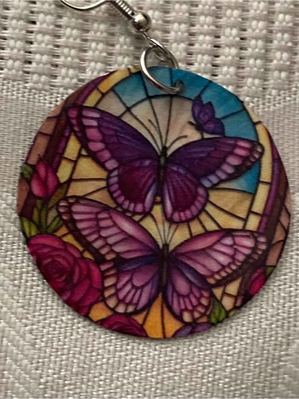 Dangle Earrings Butterfly On Stained Glass 1.25” Round Handmade Witchy Goth New - Picture 3 of 4